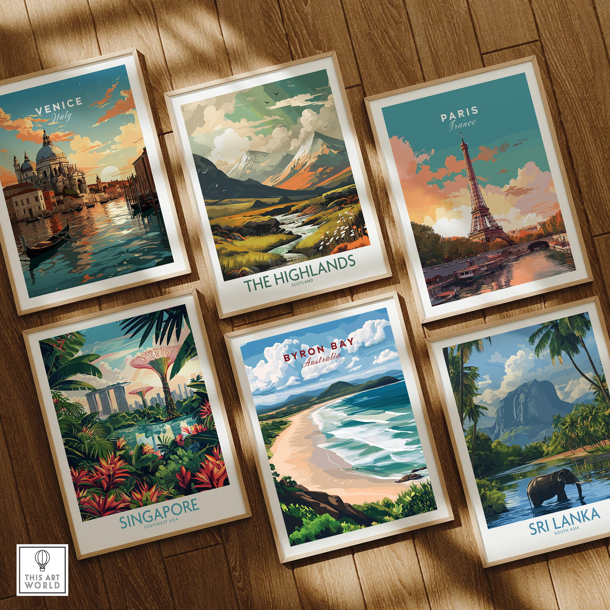 Byron Bay Beach Print - Australia Wall Art featuring coastal scenery with framed prints of various destinations.