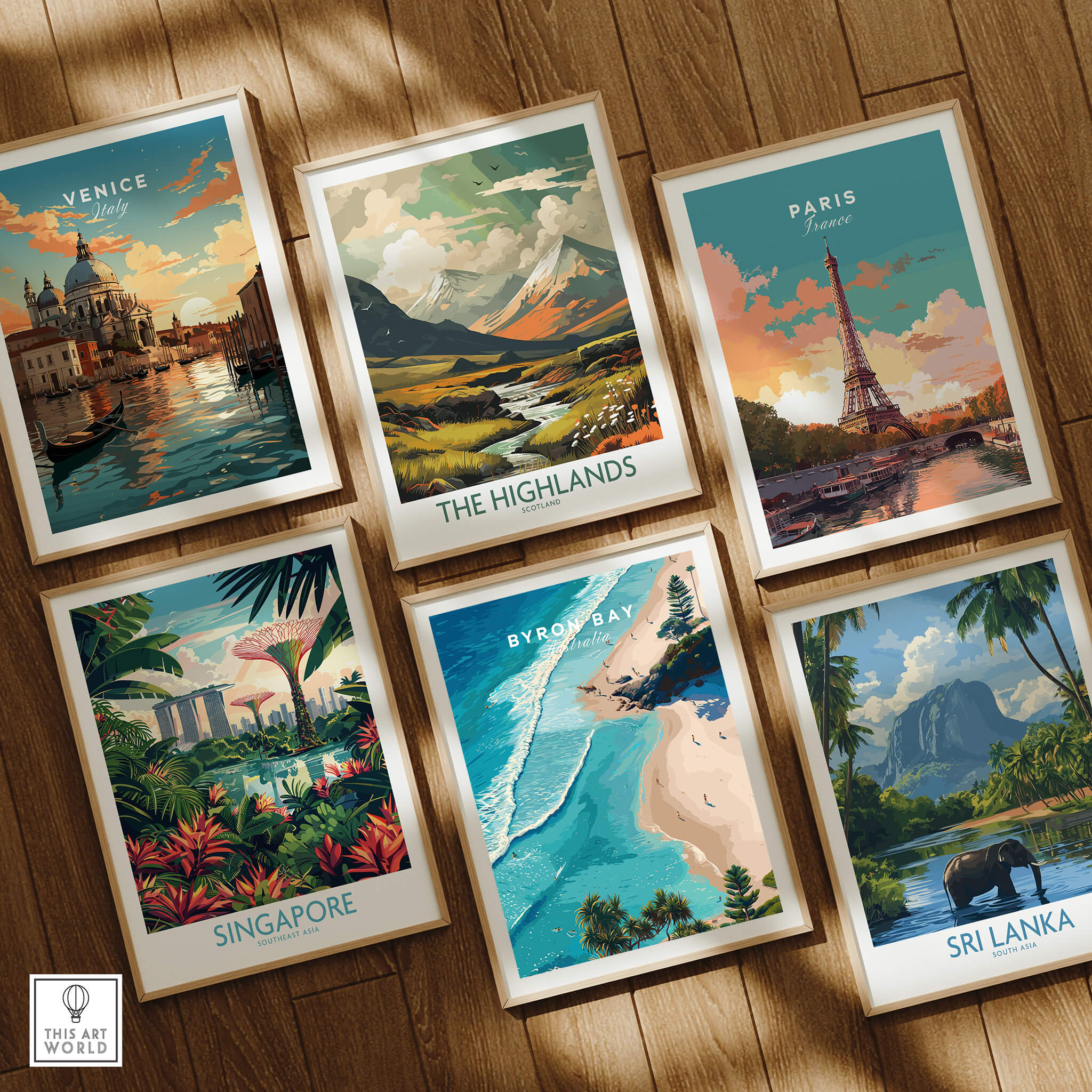 Byron Bay Art Print and other travel-themed posters displayed in a stylish arrangement.