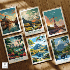 Set of six framed travel posters including Venice, Paris, Singapore, and scenic landscapes on wooden floor
