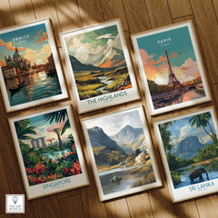 Set of six framed travel art prints featuring Venice, Paris, Singapore, Highlands, Cadair Idris, and Sri Lanka on a wooden floor.