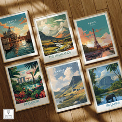 Set of six framed travel art prints featuring Venice, The Highlands, Paris, Singapore, Cadair Idris, and Sri Lanka, displayed on a wooden floor.