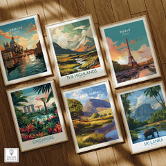Set of six framed travel art prints featuring Venice, Paris, Singapore, The Highlands, Cadair Idris, and Sri Lanka on a wooden floor.