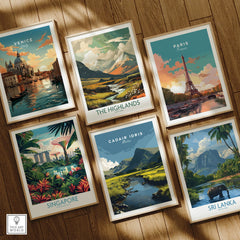 Set of six framed travel posters featuring Venice, Paris, Singapore, The Highlands, Cadair Idris, and Sri Lanka on a wooden floor.