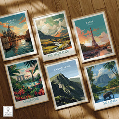 Set of six framed travel art prints featuring Venice, Paris, Singapore, Scotland, Wales, and Sri Lanka on a wooden floor.