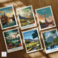 Set of six framed travel art prints featuring Venice, The Highlands, Paris, Singapore, Carmel Valley, and Sri Lanka, displayed on a wooden floor.