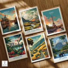 Set of six framed travel art prints on wooden floor, featuring scenic destinations