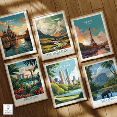 Set of six framed art prints featuring travel posters for Venice, Highlands, Paris, Singapore, Central Park, and Sri Lanka, displayed on a wooden floor.