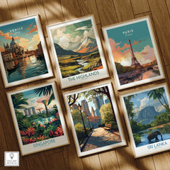 Set of six framed travel and national park art prints on wooden floor, city and nature scenes
