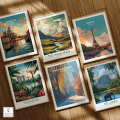 Set of six framed travel art prints featuring Venice, Paris, Central Park, Singapore, Highlands, and Sri Lanka on a wooden floor.