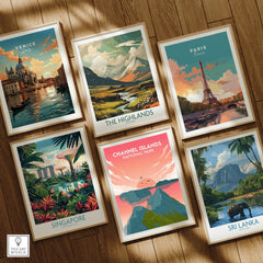 Set of six framed travel posters for Venice, Paris, Highlands, Singapore, Channel Islands, Sri Lanka on wooden floor