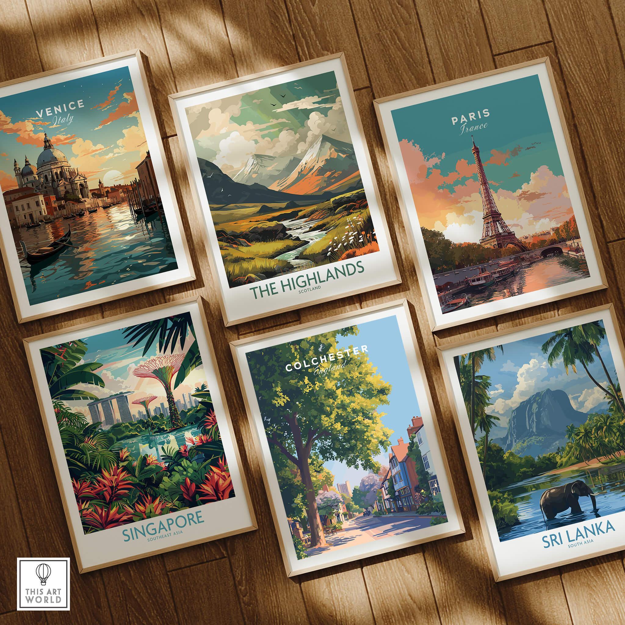 Set of six framed travel art prints featuring Venice, Paris, Highlands, Singapore, Colchester, and Sri Lanka on a wooden floor