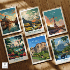 Set of six framed travel art prints featuring Venice, Paris, Singapore, Colchester, the Highlands, and Sri Lanka, displayed on a wooden floor.