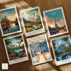 Copper Mountain Travel Poster – Sunset Ski Slopes among framed travel posters of Venice, Paris, Singapore, The Highlands, and Sri Lanka.