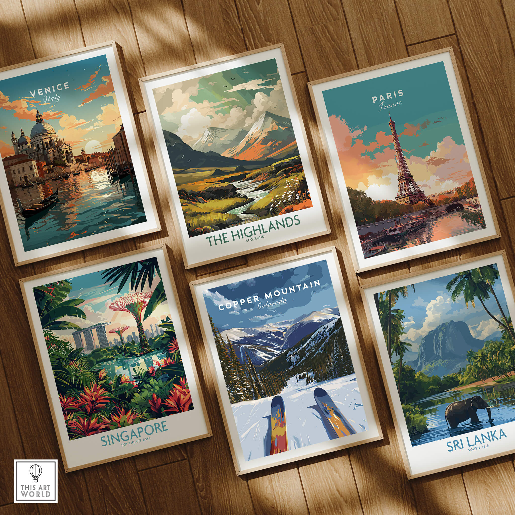 Ski Print Copper Mountain Colorado among framed travel artwork including Venice, Paris, Singapore, and Sri Lanka.