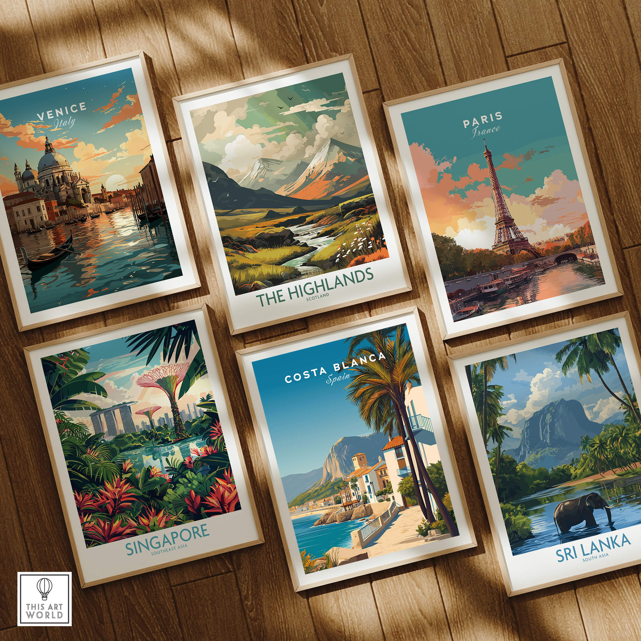 Costa Blanca Travel Poster - Spain Canvas Print among vibrant travel posters of Venice, Paris, Singapore, and Sri Lanka.