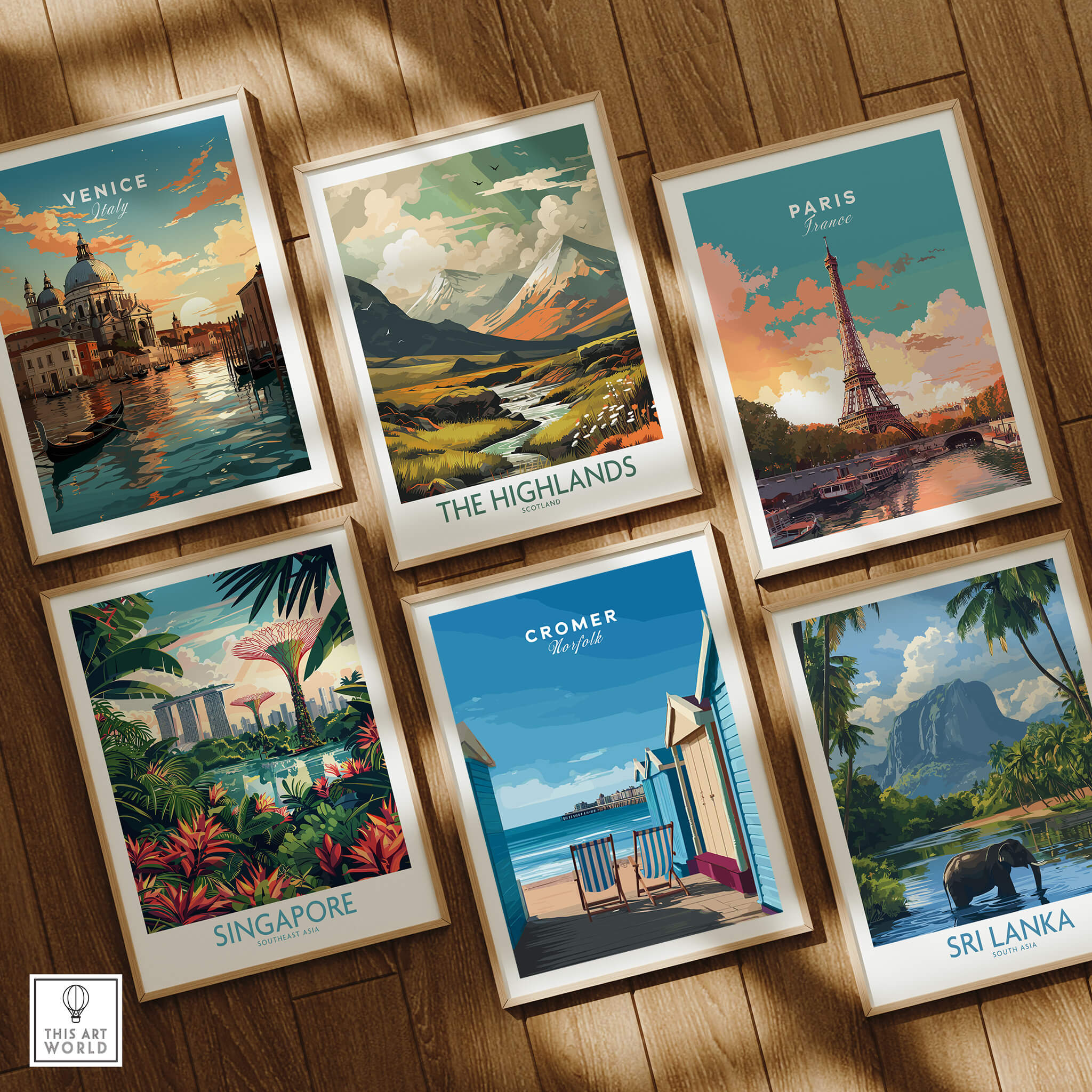 Cromer Travel Poster – Norfolk Beach Huts Art Print among other travel posters on display.