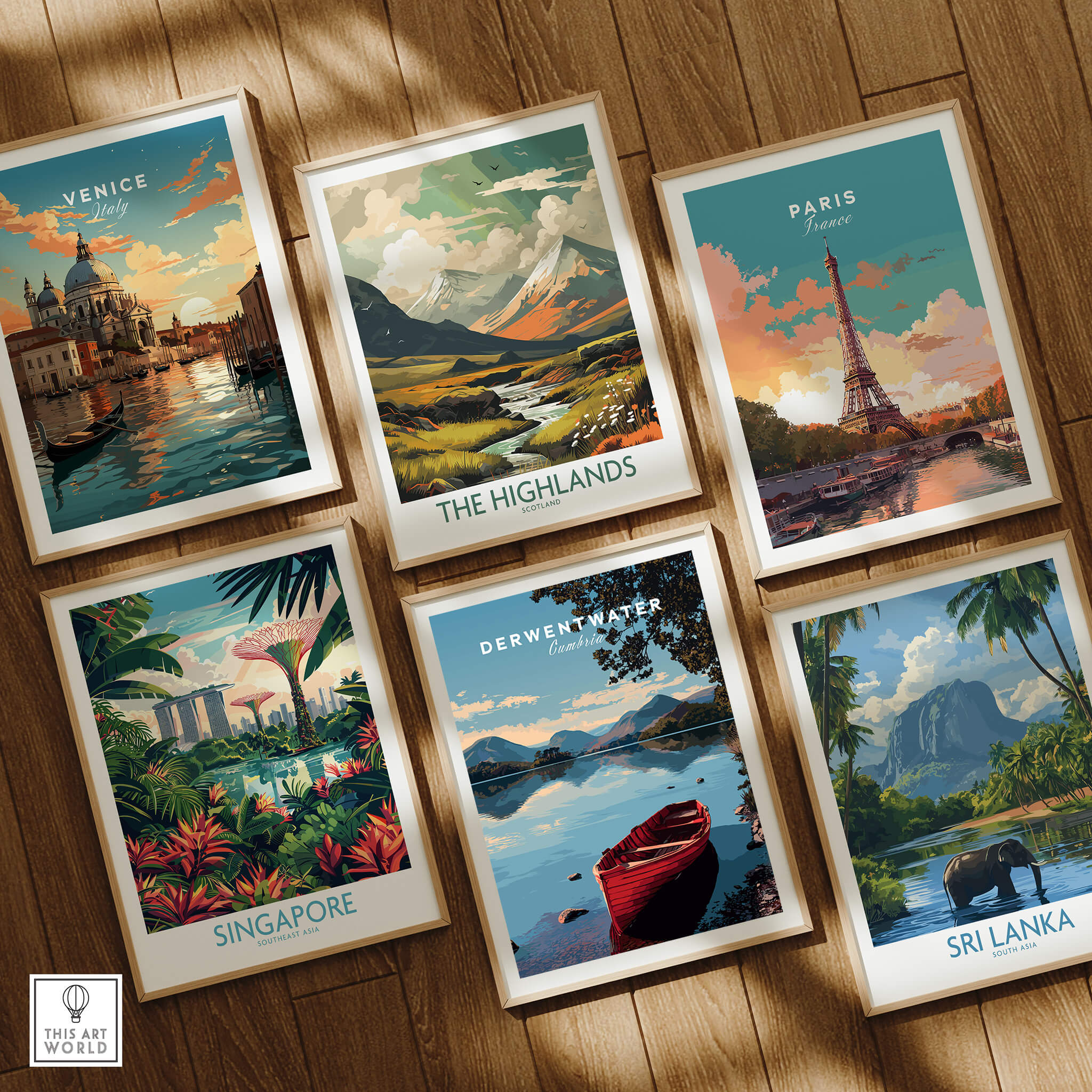 Derwentwater Travel Poster – Lake District Art Print and various travel posters on display.