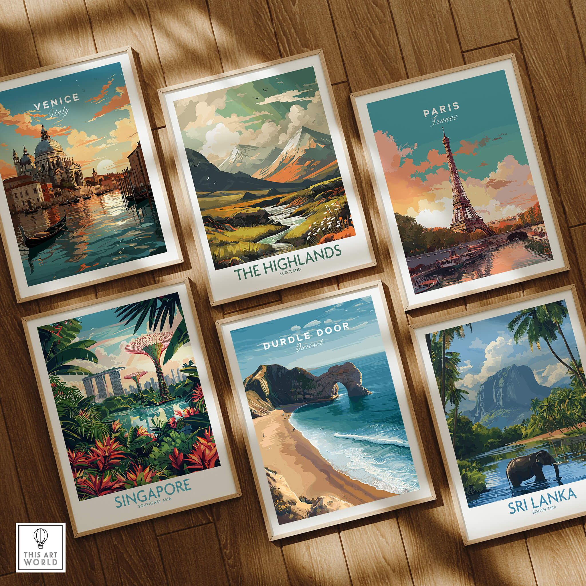 Durdle Door Poster – Jurassic Coast Wall Art displayed among travel posters of Venice, Singapore, Paris, The Highlands, and Sri Lanka.