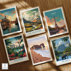 Durdle Door Travel Poster – Jurassic Coast Sunset Art showcased among other travel prints like Venice, Paris, Singapore, and Sri Lanka.