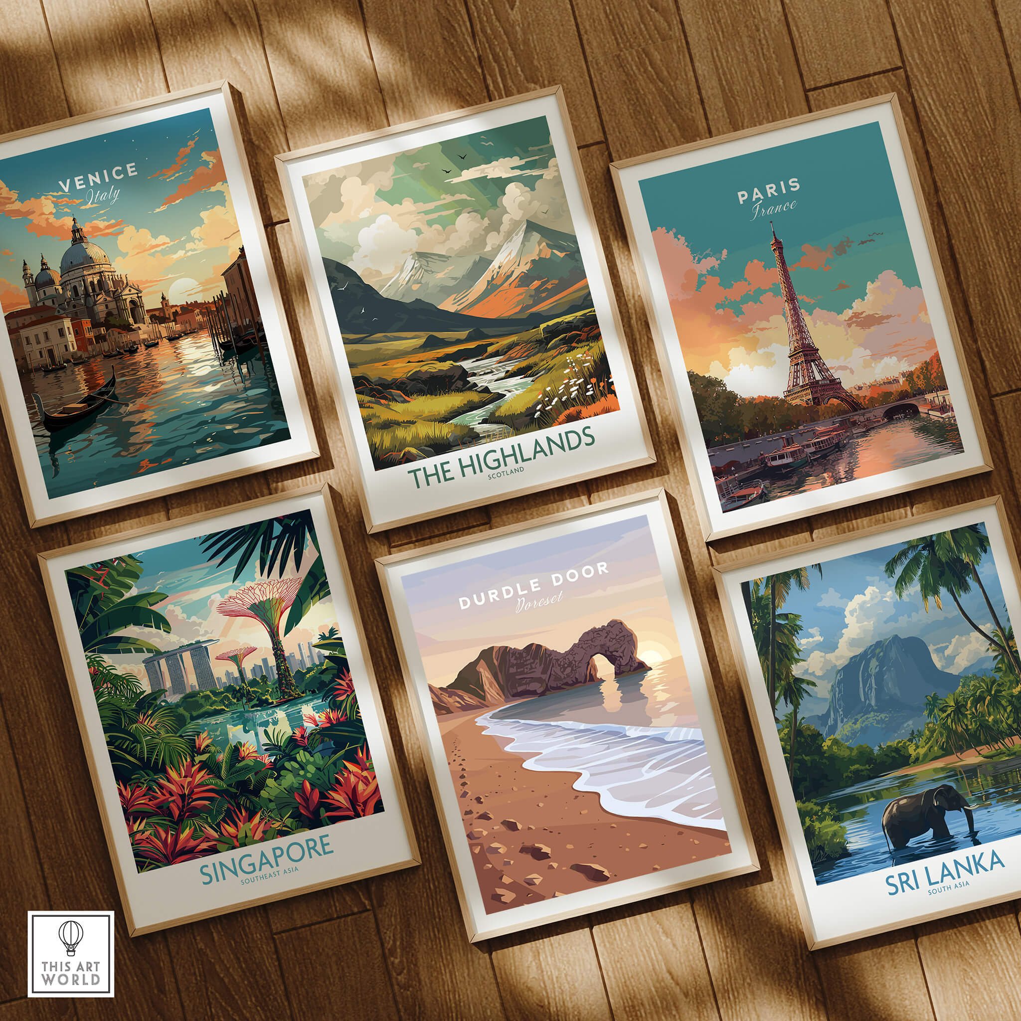 Durdle Door Travel Poster – Jurassic Coast Sunset Art showcased among other travel prints like Venice, Paris, Singapore, and Sri Lanka.