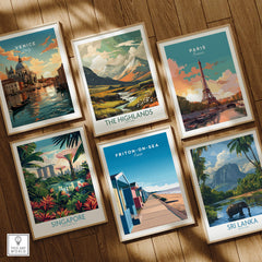 Frinton-on-Sea Travel Poster – Essex Coastline Beach Huts & Prom Art alongside posters of Venice, Paris, Singapore, and Sri Lanka.