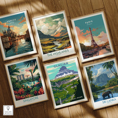 Set of six framed travel art prints featuring Venice, Paris, Singapore, the Highlands, Glacier National Park, and Sri Lanka on a wooden floor.
