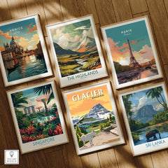 Set of six framed travel art prints featuring city skylines and nature landscapes on a wooden floor.