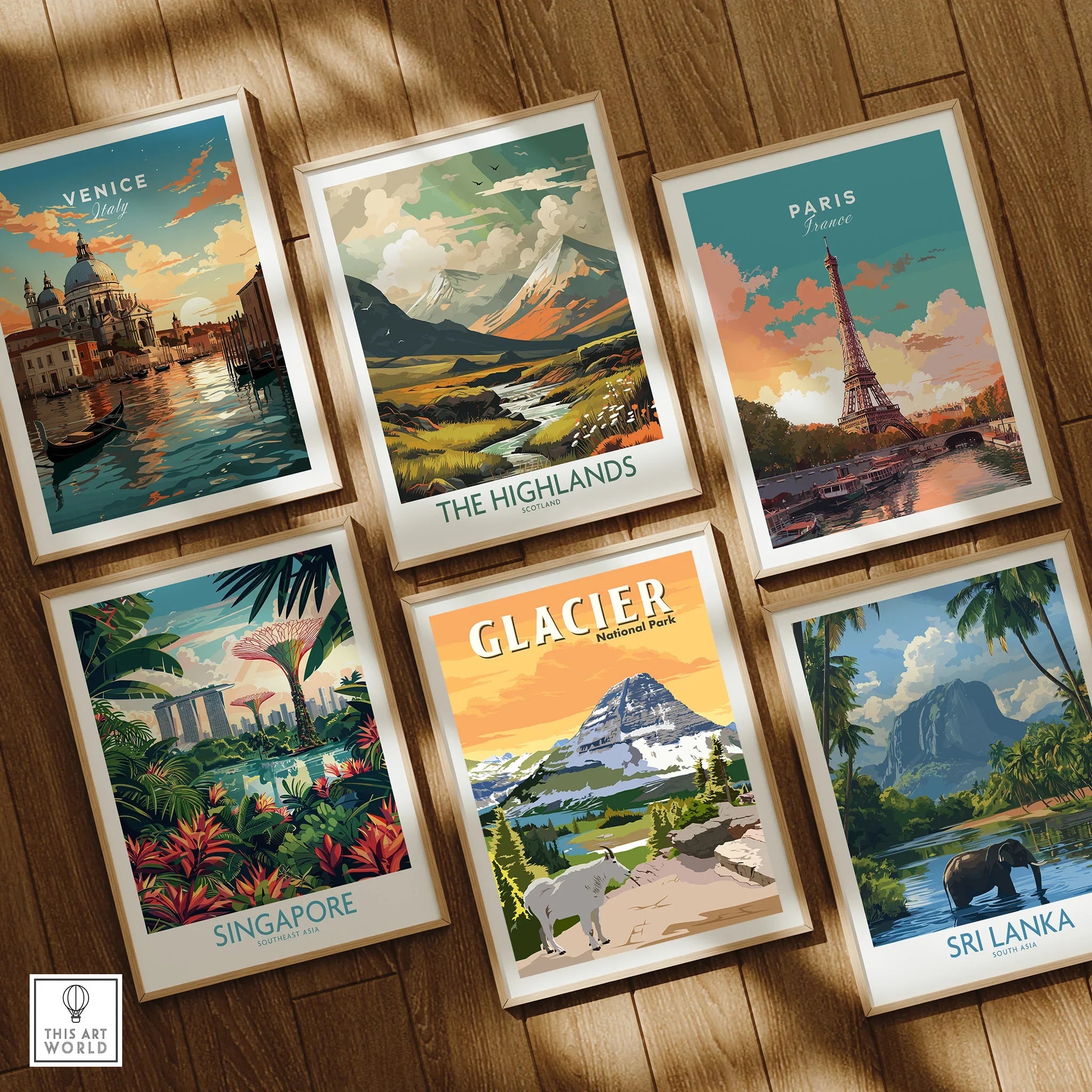 Set of six framed travel art prints featuring city skylines and nature landscapes on a wooden floor.