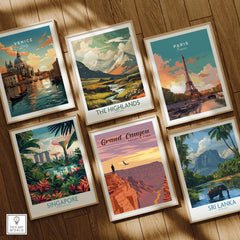 Set of six framed art prints featuring travel posters of Venice, Paris, Grand Canyon, Singapore, Sri Lanka, and the Highlands on a wooden floor.