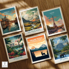 Set of six framed travel and national park art prints on wooden floor, featuring Venice, the Highlands, Paris, Singapore, Grand Teton, and Sri Lanka.