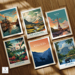 Set of six framed travel posters featuring Venice, Paris, Highlands, Singapore, Sri Lanka, Great Smoky Mountains on a wooden floor.