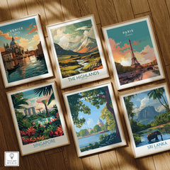 Set of six framed travel posters featuring Venice, Paris, Highlands, Singapore, Greenwich, Sri Lanka on wooden floor