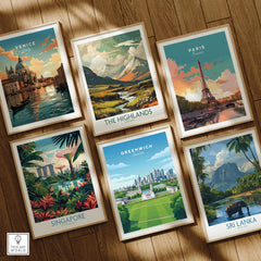 Set of six framed travel posters featuring Venice, Paris, Highlands, Singapore, Greenwich, Sri Lanka on wooden floor