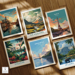 Set of six framed travel art prints featuring Venice, Paris, Greenwich, The Highlands, Singapore, and Sri Lanka on a wooden floor.