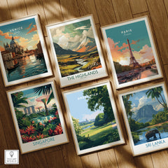 Set of six framed travel posters featuring Venice, Paris, Highlands, Singapore, Greenwich, and Sri Lanka on a wooden floor.