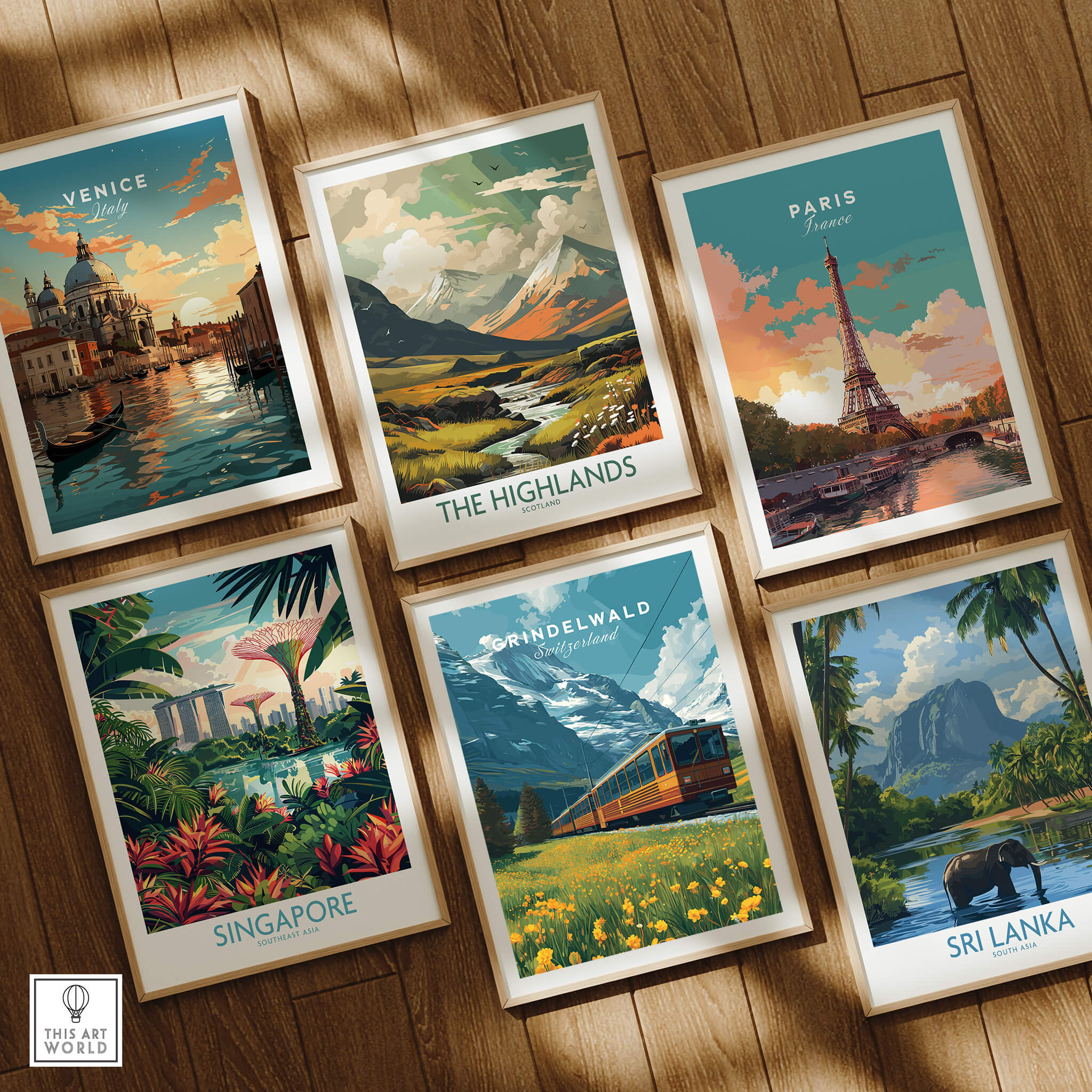 Grindelwald Switzerland Travel Poster | Iconic Mountain Railway Wall Art Print displayed among travel posters.