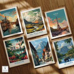 Gruyères Switzerland Wall Art Print | Medieval Village Street Travel Poster alongside travel posters of Venice, Paris, Singapore, The Highlands, and Sri Lanka.