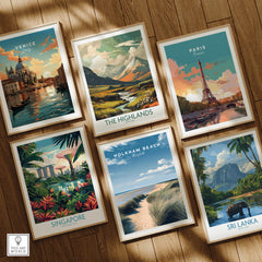 Holkham Beach Norfolk Wall Art Print | Coastal Sand Dunes Travel Poster showcased among travel posters of Venice, Paris, Singapore, Highlands, and Sri Lanka.
