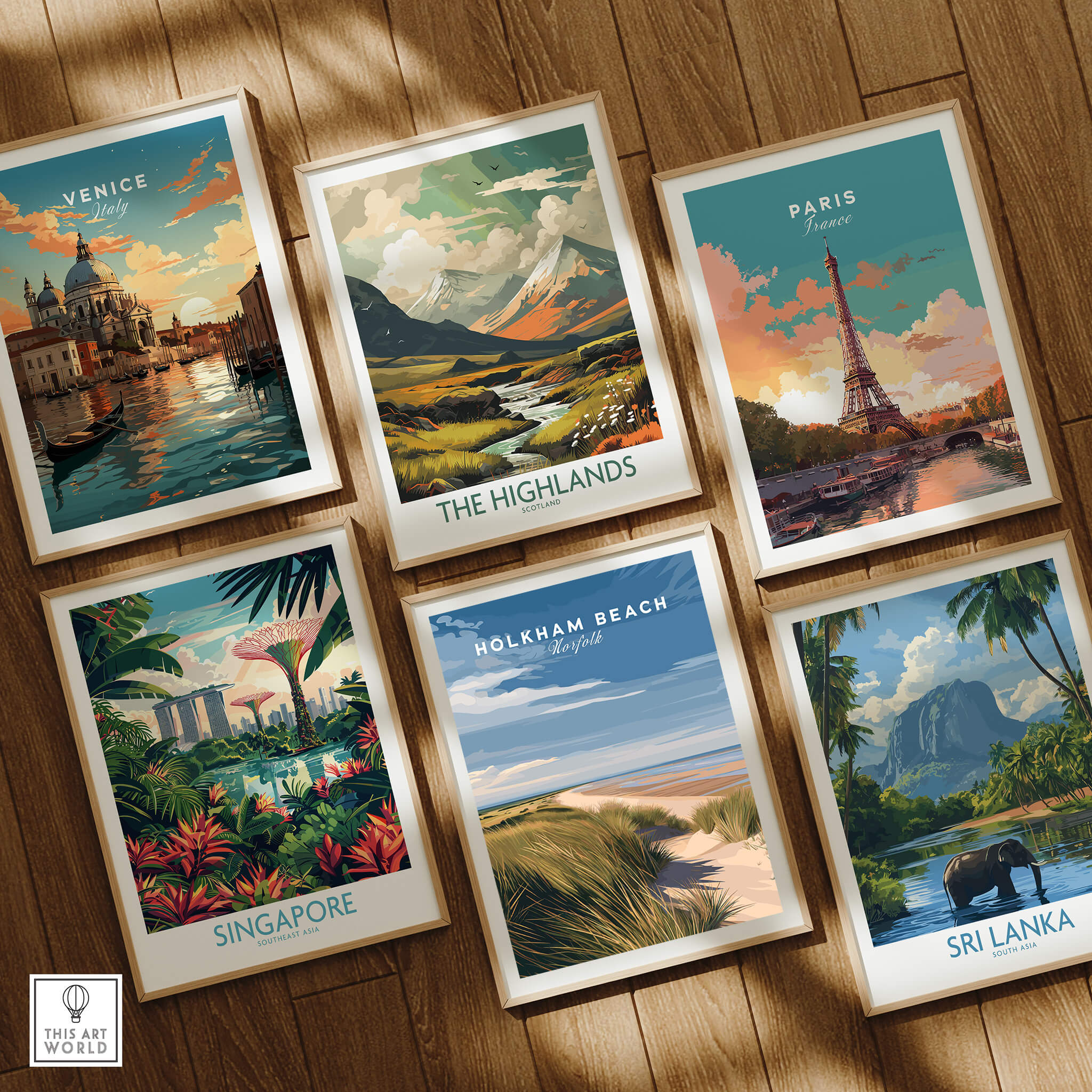 Holkham Beach Norfolk Travel Poster | Serene Beach Pathway Wall Art Print collection alongside travel posters of Venice, Paris, Singapore, and Sri Lanka.