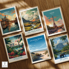 Holkham Beach Norfolk Wall Art Print | British Beach Travel Poster displayed among other travel posters.