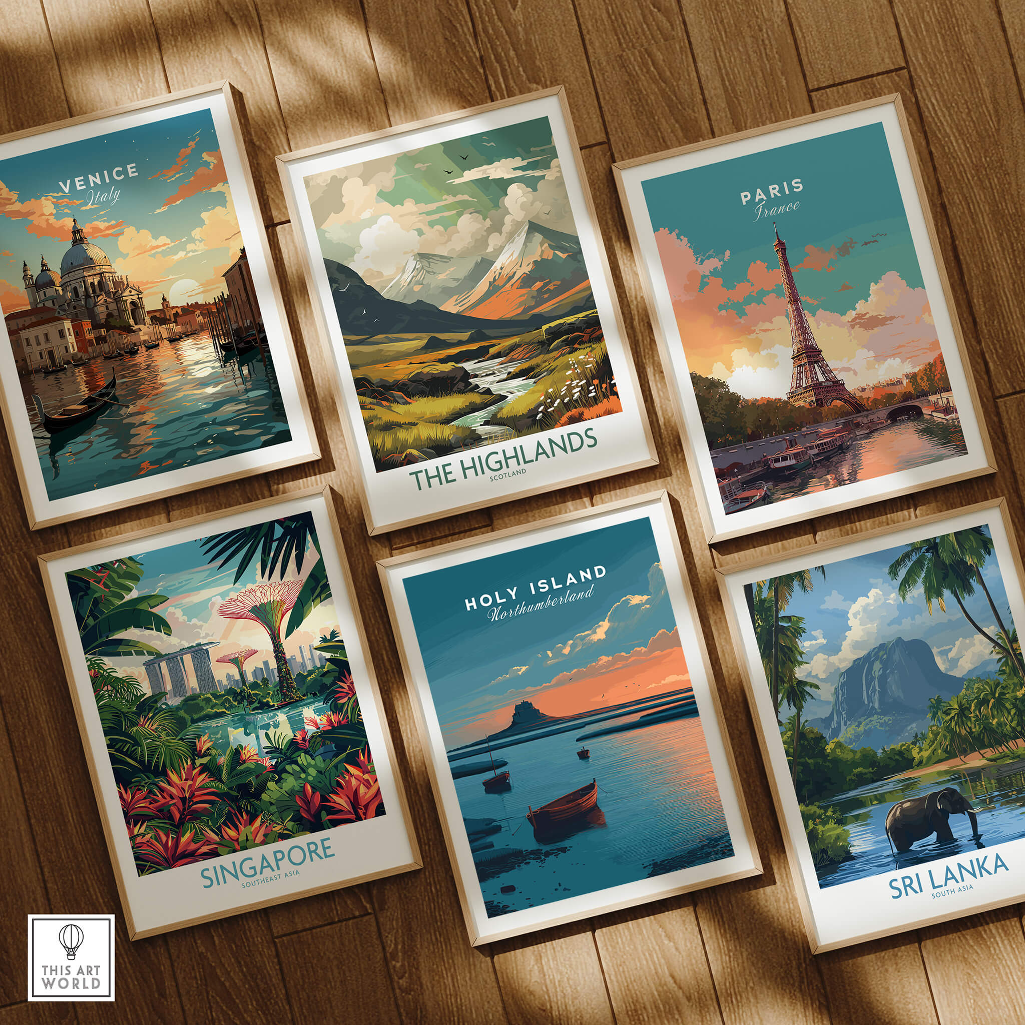 Holy Island Northumberland Wall Art Print | Lindisfarne Sunset Travel Poster among travel posters of Venice, Paris, Singapore, and Sri Lanka.