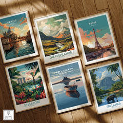 Holy Island Northumberland Wall Art Print | Serene Boat Scene Travel Poster displayed among other travel posters
