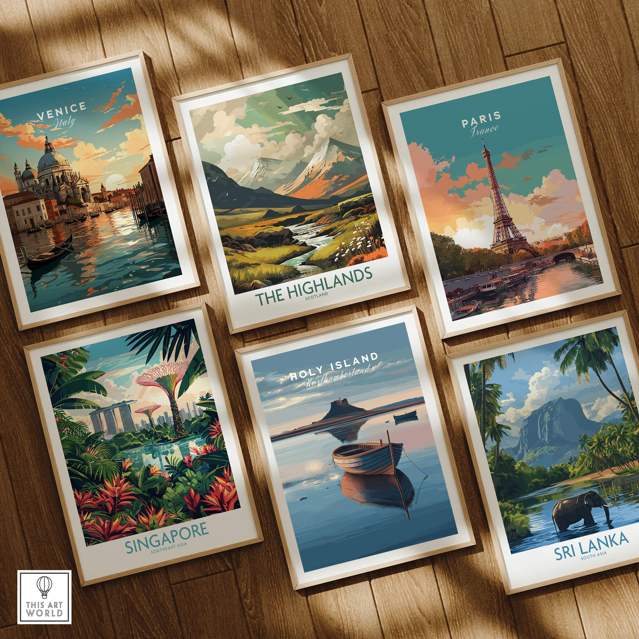 Holy Island Northumberland Wall Art Print | Serene Boat Scene Travel Poster displayed among other travel posters