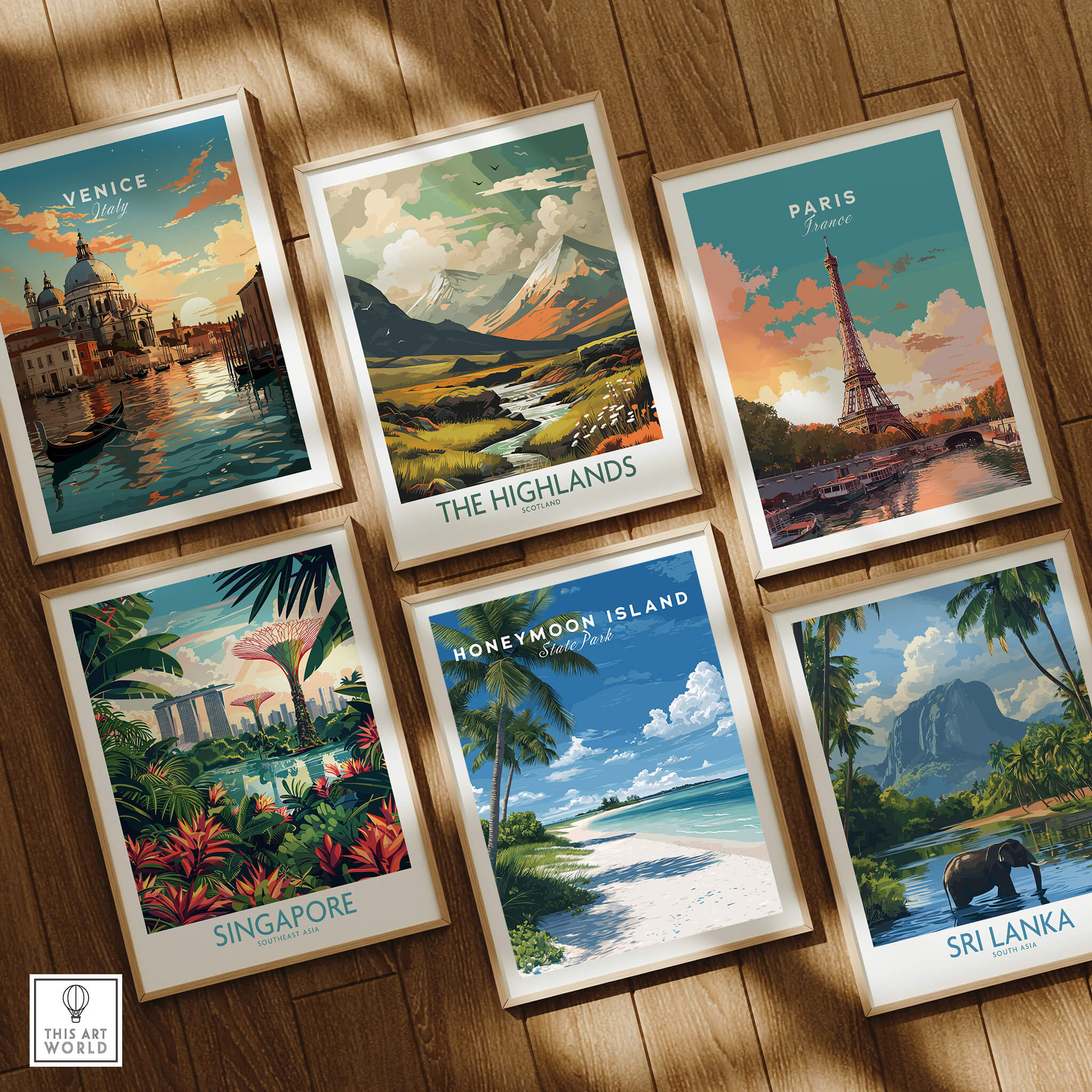 Honeymoon Island Travel Poster | Florida Beach Wall Art Print among other travel posters featuring Venice, Paris, Singapore, and Sri Lanka.