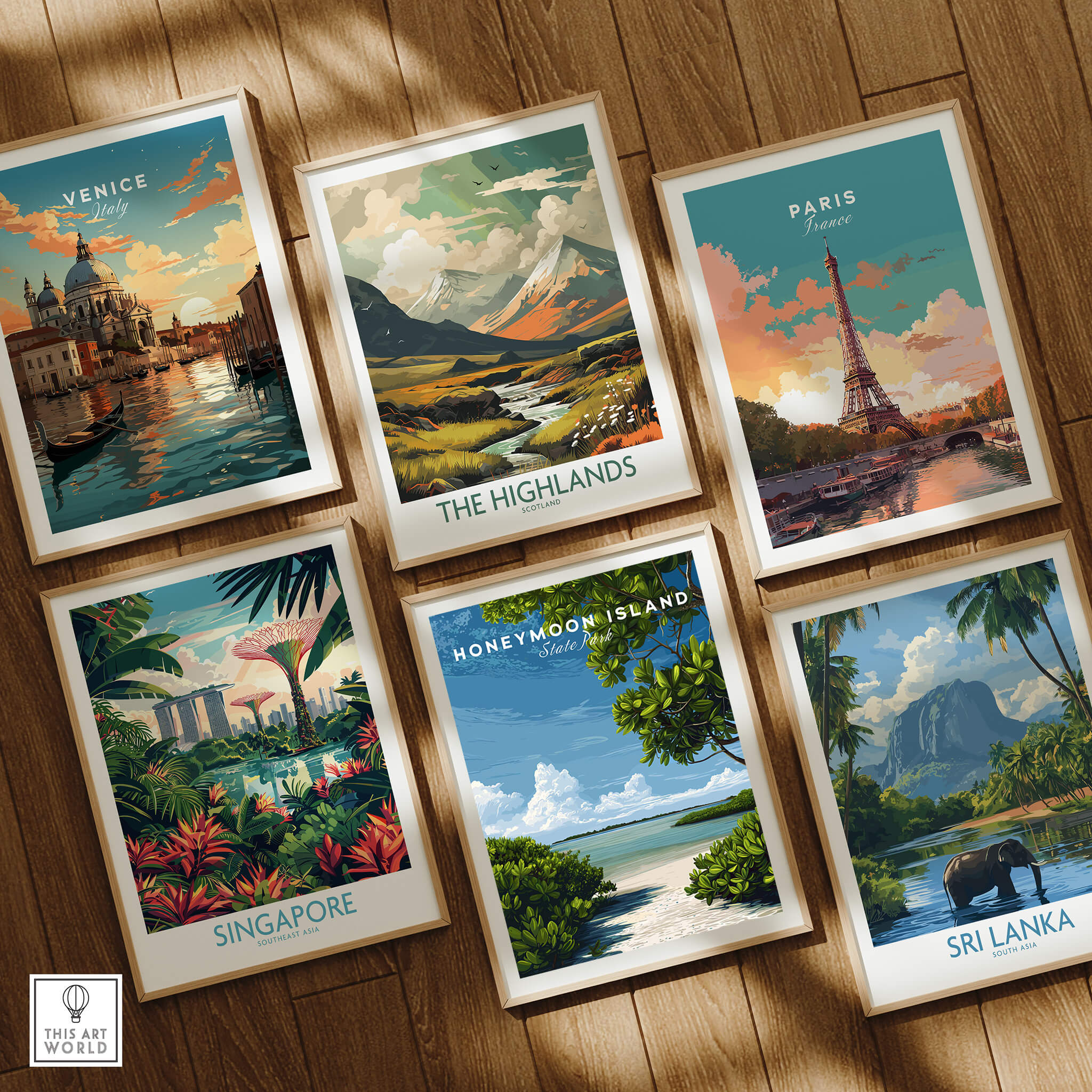Honeymoon Island Florida Travel Poster | Mangrove Coast Wall Art Print displayed among other travel posters.