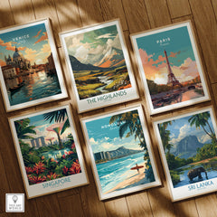 Honolulu Wall Art Print | Waikiki Beach Hawaii Travel Poster among travel posters featuring Venice, Paris, Singapore, and Sri Lanka.