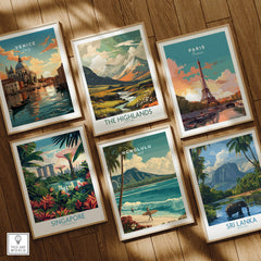 Honolulu Hawaii Wall Art Print | Waikiki Beach Surf Travel Poster showcased among travel posters from various destinations.