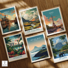 Collection of travel posters including Isle of Islay Scotland Travel Poster, showcasing beautiful landscapes and cityscapes.