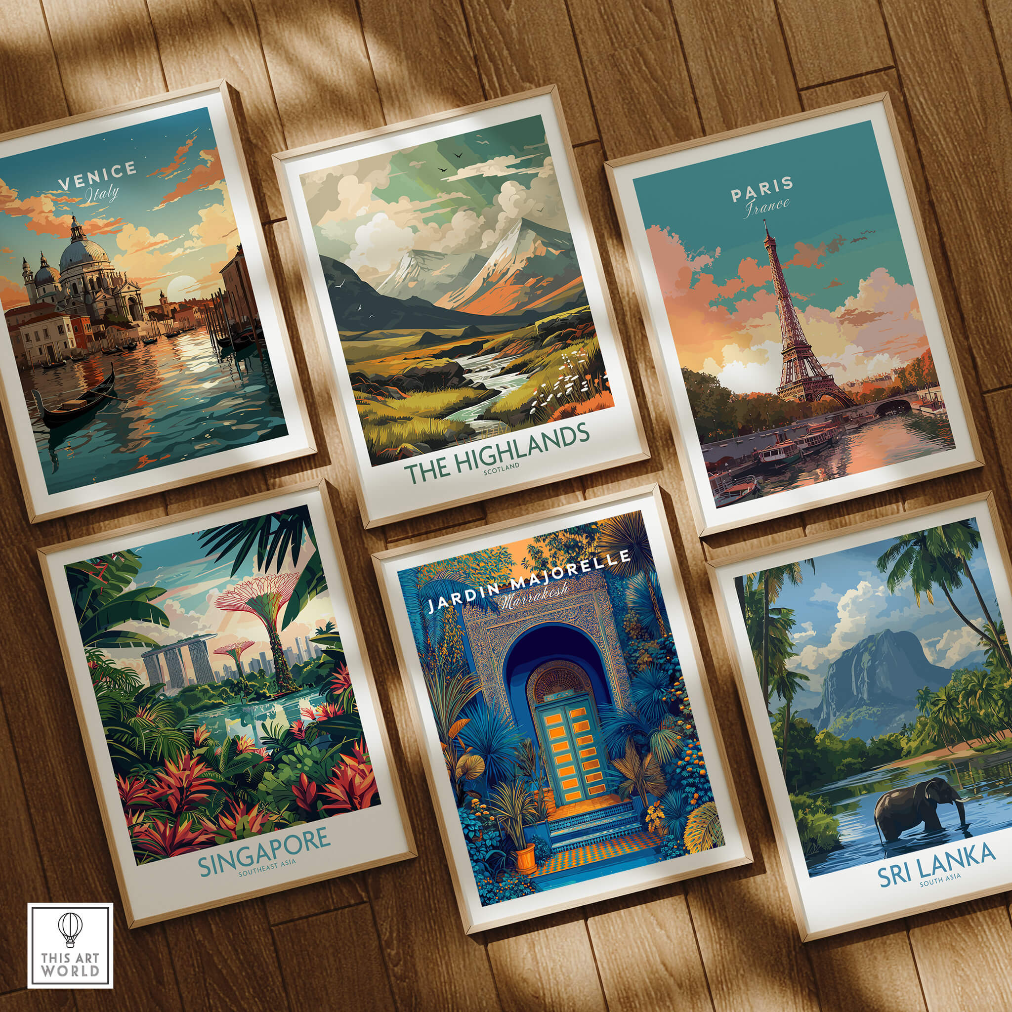 Jardim Majorelle Marrakesh Wall Art Print | Ornate Moroccan Doorway Travel Posters displayed with other travel posters.