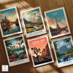 Set of six framed travel and national park art prints on wooden floor, featuring scenic cities and nature landscapes.